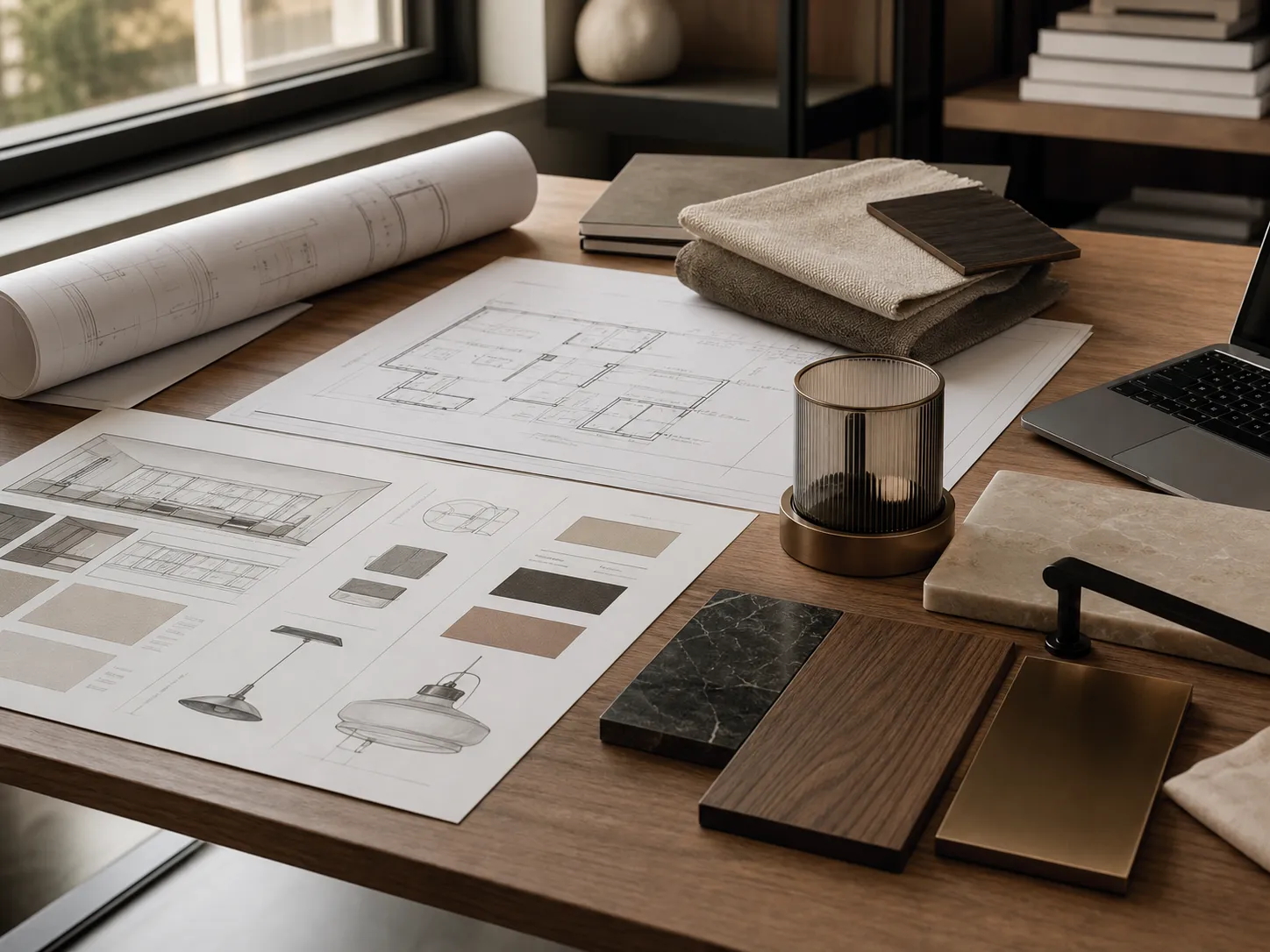 Specification desk with architectural drawings and coordinated material samples.